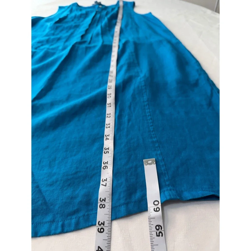 J. Jill Love Linen Teal Blue Pleated Shift Dress 100% Linen Pockets Sleeveless L - Picture 8 of 8